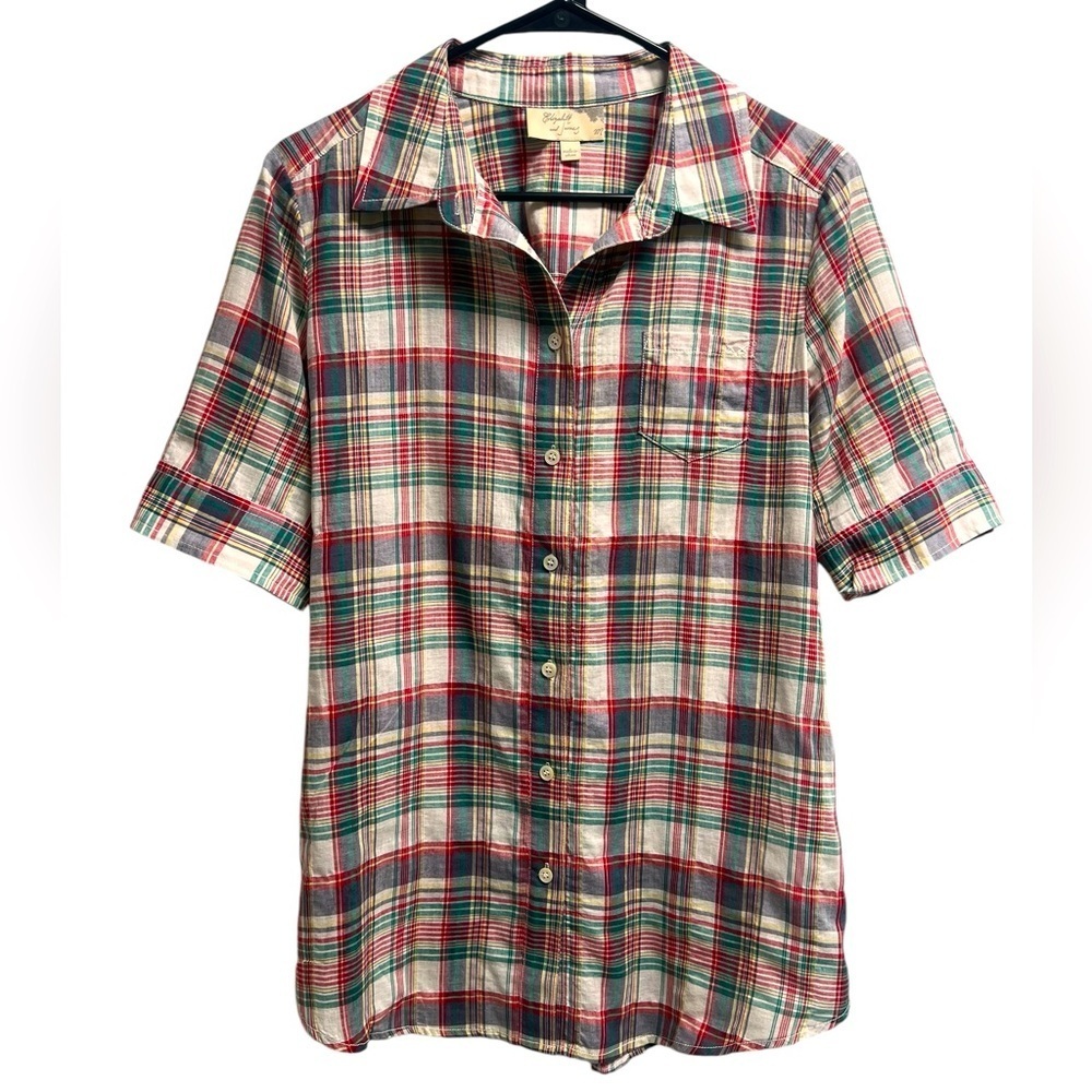 ELIZABETH AND JAMES Women’s Multicolor Plaid Short Sleeve Button down Medium